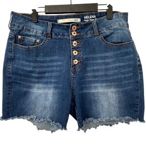!iT. Jeans Helena High Rise Denim Shorts Medium Wash Button Fly Raw Hem Size 14